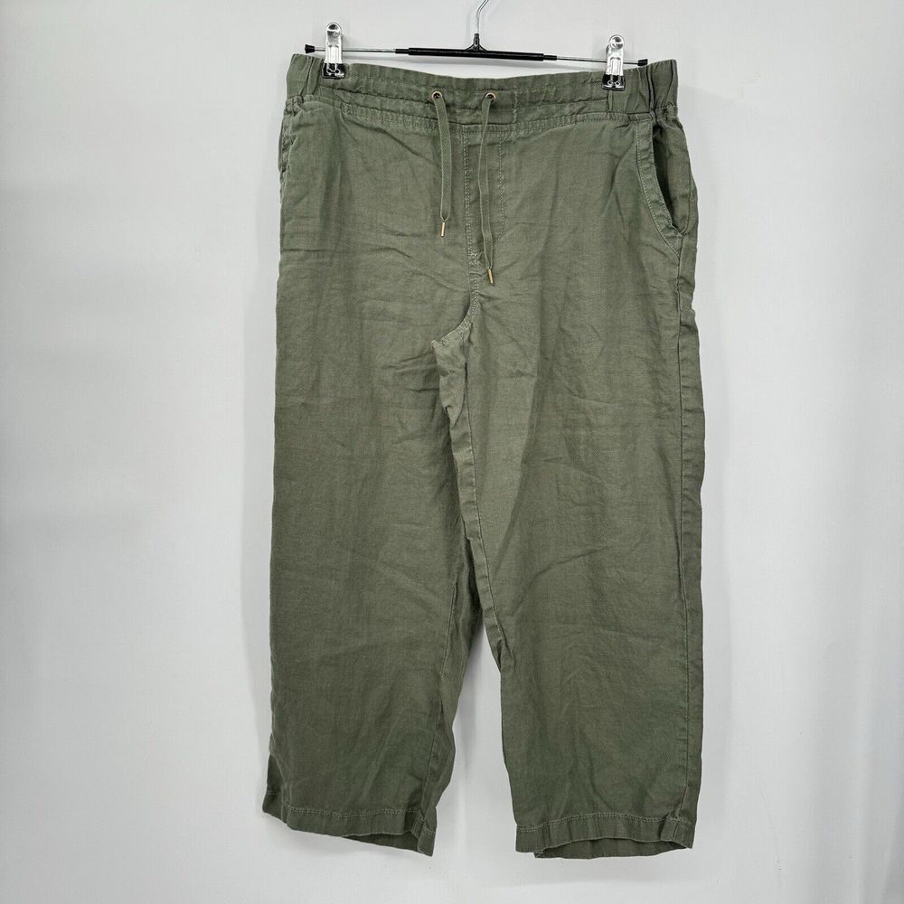 L.L.Bean 10 Favorite Fit Cropped Pants Womens Olive Green Linen Blend Drawstring